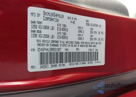 2005 Dodge Grand Caravan Sxt из США, поврежденный, VIN 2D4GP44L55R531927